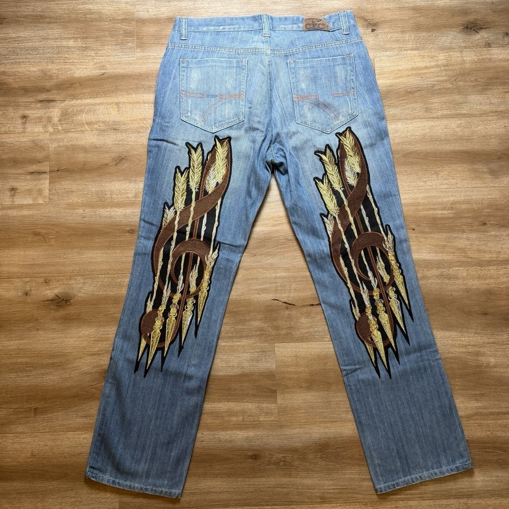 Embroidered Jeans Men 38x34 Blue Straight Leg Denim Light Wash Custom Unique Y2K